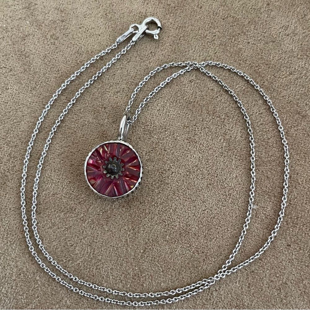 Sterling Silver Artisan Necklace - Red Sun-vibe Pendant and Sterling Chain